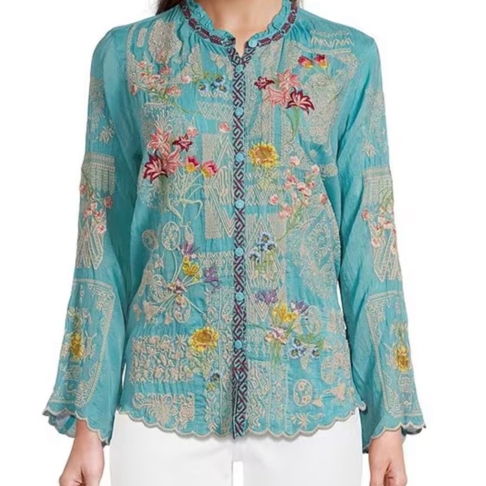 JOHNNY WAS Allbee Embroidered Floral Geometric Print Ruffle Scallop Hem Blouse